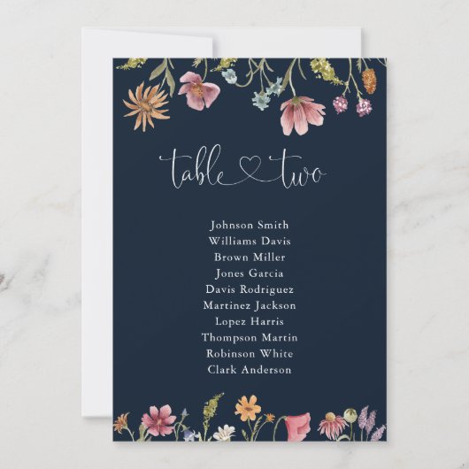 Navy Blue Wildflowers Tafel nummer 2 Zitkaarten (Voorkant)