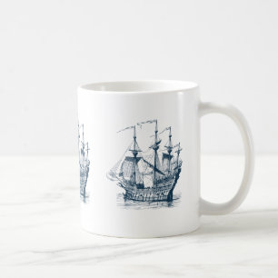 Navy-Blue Wind Sailing Nautical Boat Illustratie Koffiemok