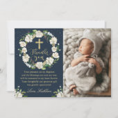 Navy Blue Winter Floral Baptism Bedankkaart (Voorkant)