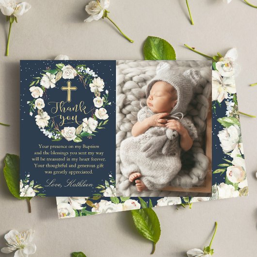 Navy Blue Winter Floral Baptism Bedankkaart