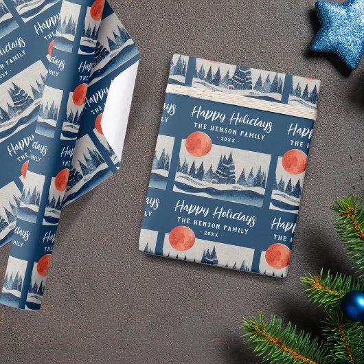 Navy Blue Winter Landscape Forest Moon Drawing  Cadeaupapier