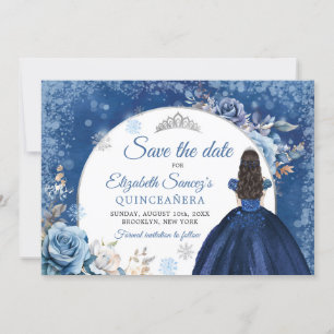 Navy Blue Winter Snowflake Quince Save The Date Kaart