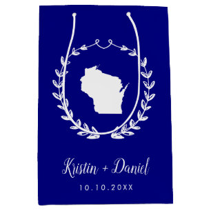 Navy Blue Wisconsin Kaart Huwelijk Welkom Swag Medium Cadeauzakje