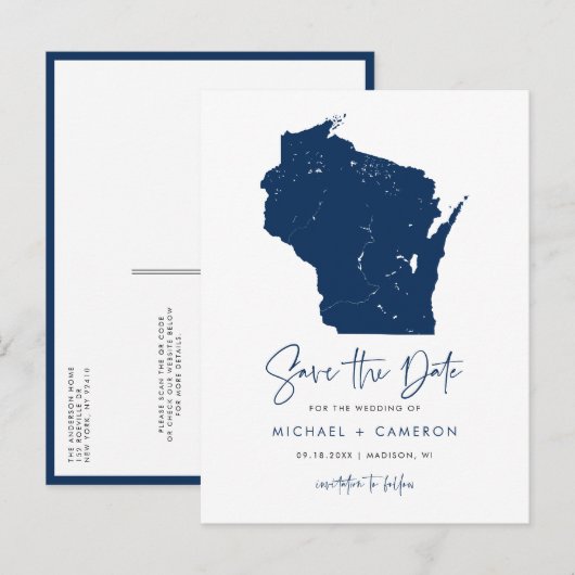 Navy Blue Wisconsin Kaart QR Code Bewaar de datum (Voorkant / Achterkant)
