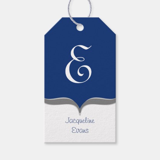 Navy Blue Wit Grijs Monogram Naam Cadeau Labels Cadeaulabel (Voorkant)