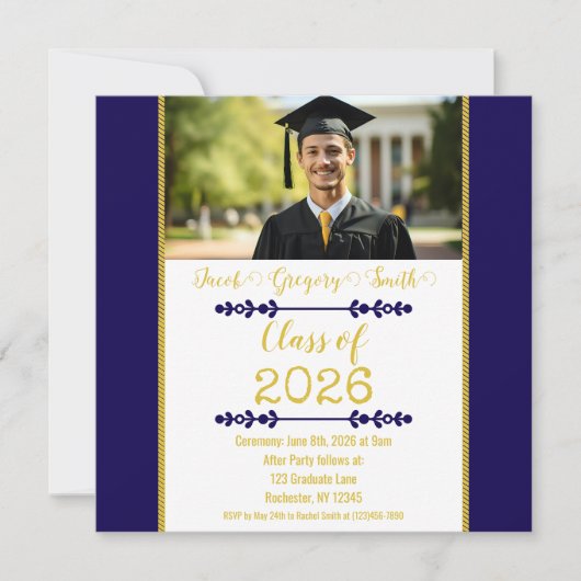 Navy Blue with Gold Graduation Invitation (Devant)