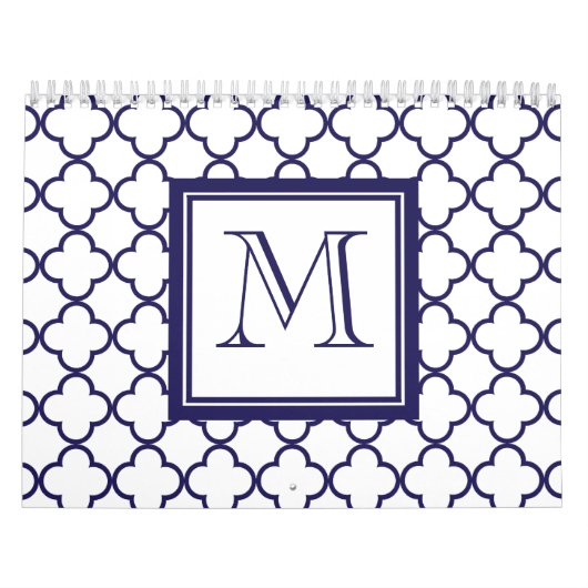 Navy Blue, witte quatrefoil | Uw monogram Kalender (Hoes)