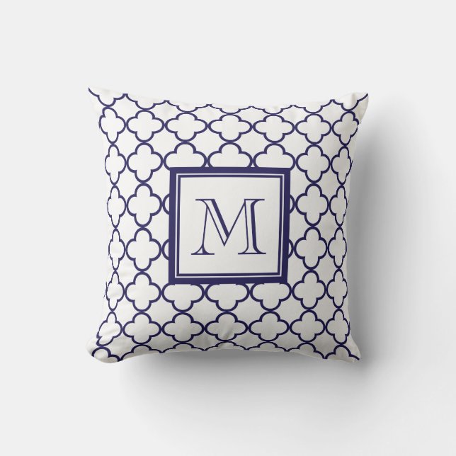 Navy Blue, witte quatrefoil | Uw monogram Kussen (Voorkant)