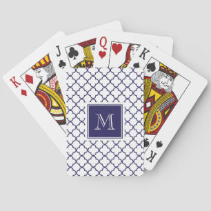 Navy Blue, witte quatrefoil   Uw monogram Speelkaarten