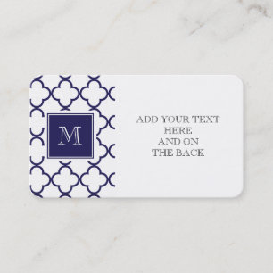 Navy Blue, witte quatrefoil   Uw monogram Visitekaartje