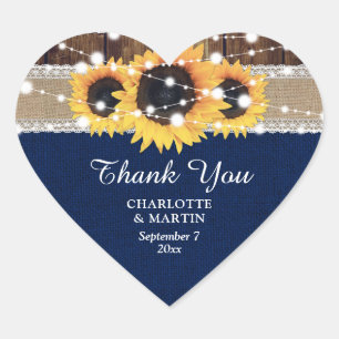 Navy Blue Wood Burlap Lace Sunflower Wedding Hart Sticker
