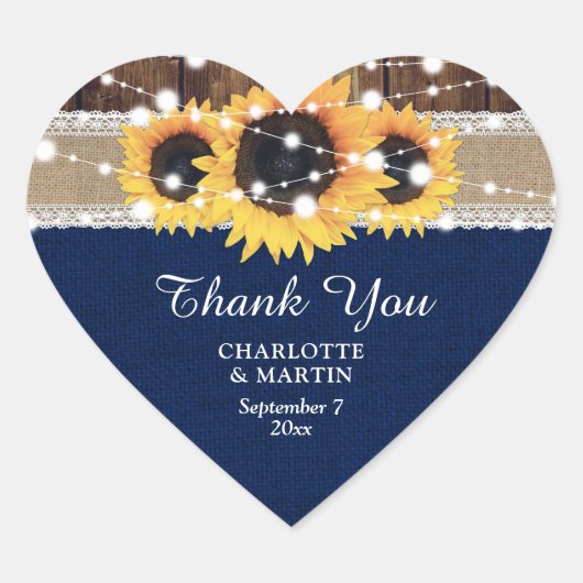 Navy Blue Wood Burlap Lace Sunflower Wedding Hart Sticker (Voorkant)