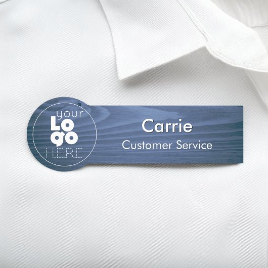 Navy Blue Wood Business Logo Personeelsnaam Tag