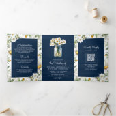 Navy Blue Wood Daisies Mason Jar QR Code Wedding Drieluik Uitnodiging (Binnen)