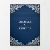 Navy Blue Wood Hoefijzers Lace Trouwfoto Drieluik Uitnodiging (Cover)