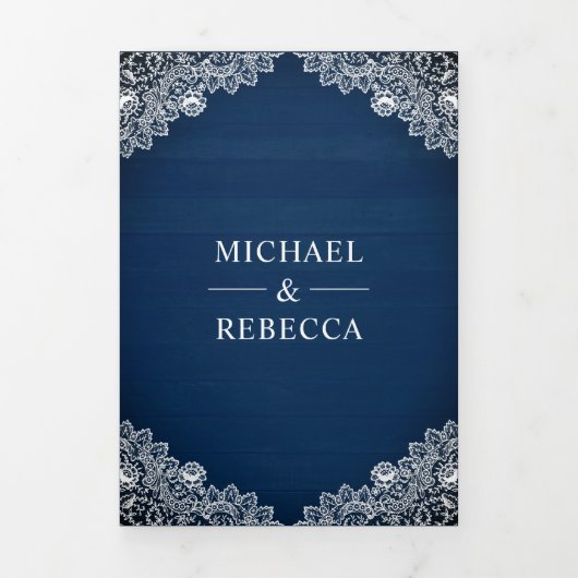 Navy Blue Wood Hoefijzers Lace Trouwfoto Drieluik Uitnodiging (Cover)
