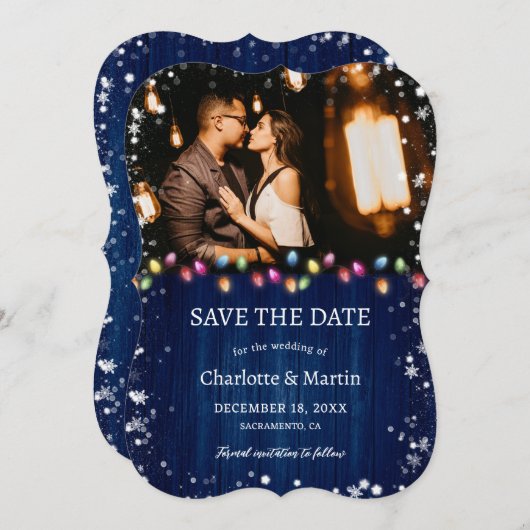 Navy Blue Wood Kerstverlichting Vakantie Trouwen Save The Date (Voorkant / Achterkant)
