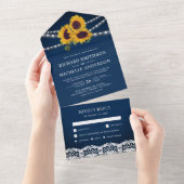 Navy Blue Wood Lace String Light Sunflower Wedding All In One Uitnodiging (Afscheurbaar)