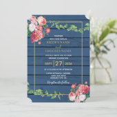 Navy Blue Wood  roze rozen & Gold Wedding Kaart (Staand voorkant)