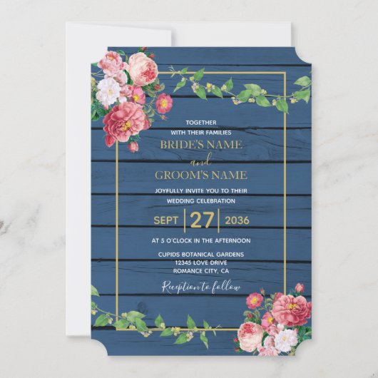 Navy Blue Wood  roze rozen & Gold Wedding Kaart (Voorkant)