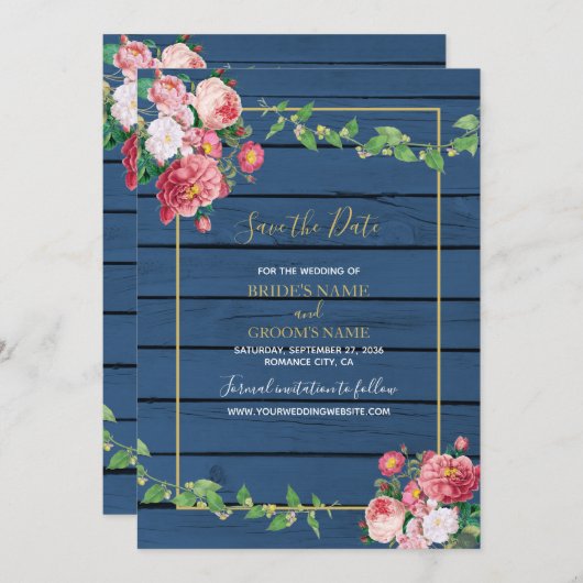 Navy Blue Wood roze rozen & Gold Wedding Save The Date (Voorkant / Achterkant)