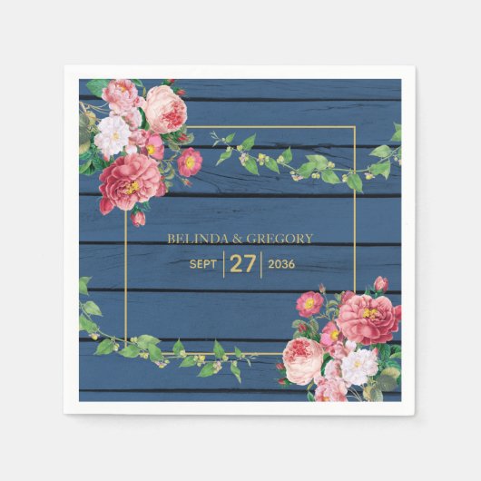 Navy Blue Wood roze rozen & Gold Wedding Servet (Voorkant)