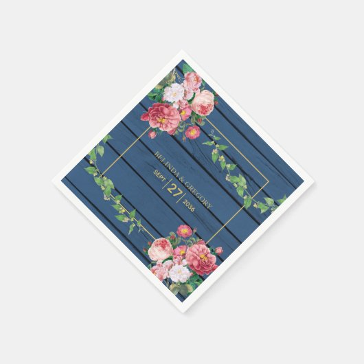 Navy Blue Wood roze rozen & Gold Wedding Servet (Hoek)