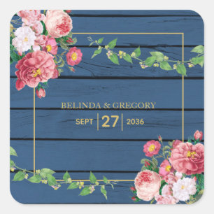 Navy Blue Wood  roze rozen & Gold Wedding Vierkante Sticker
