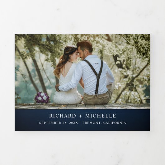 Navy Blue Wood Sunflower White Pumpkin Weddenschap Drieluik Uitnodiging (Cover)