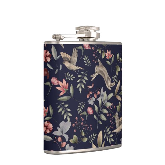 Navy Blue Woodland Animals Floral Leaves Pattern Heupfles (Rechts)