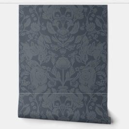 Navy Blue Woodland Block Print Damask Behang