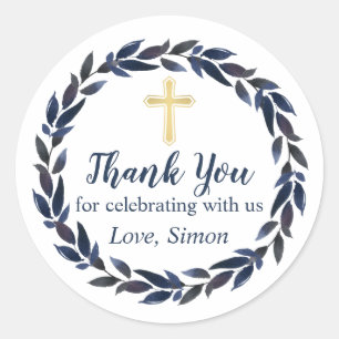 Navy Blue Wreath Gold Communie Dank u Ronde Sticker