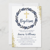 Navy Blue Wreath Gold Glitter Boy Baptisme Kaart (Voorkant)