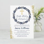 Navy Blue Wreath Gold Glitter First Heilige Commun Kaart (Staand voorkant)