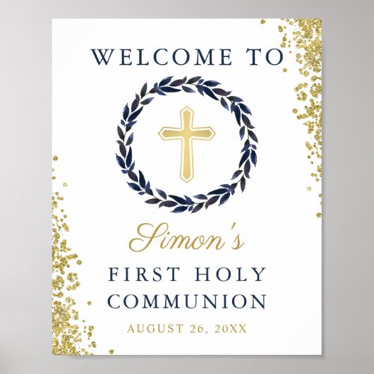Navy Blue Wreath Gold Glitter First Heilige Commun Poster (Voorkant)