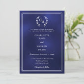 Navy blue wreath monogrammed simple wedding  kaart (Staand voorkant)