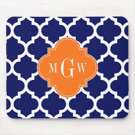 Navy Blue Wt Chevron Pumpkin Quatrefoil 3 Monogram Muismat (Voorkant)