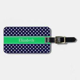 Navy Blue Wt Polka Dot Emerald Green Name Monogram Bagagelabel