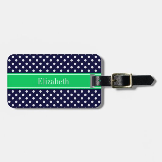 Navy Blue Wt Polka Dot Emerald Green Name Monogram Bagagelabel (Voorkant horizontaal)