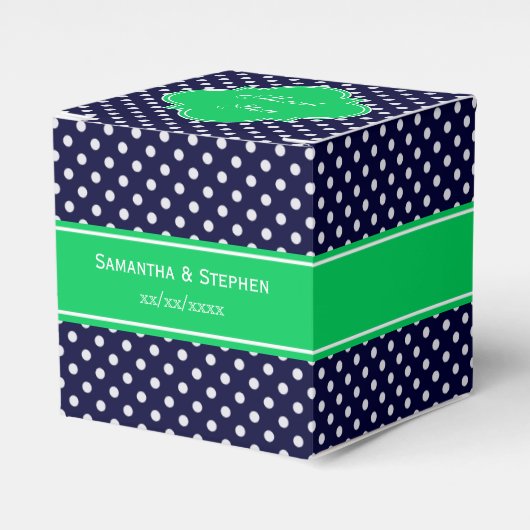 Navy Blue Wt Polka Dot Emerald Green Name Monogram Bedankdoosjes (Voorkant Zijde)