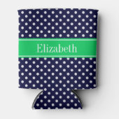 Navy Blue Wt Polka Dot Emerald Green Name Monogram Blikjeskoeler (Voorkant)