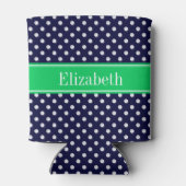 Navy Blue Wt Polka Dot Emerald Green Name Monogram Blikjeskoeler (Achterkant)