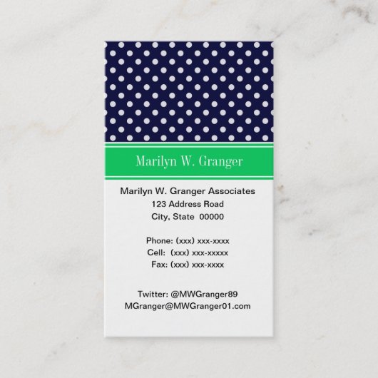 Navy Blue Wt Polka Dot Emerald Green Name Monogram Visitekaartje (Voorkant)