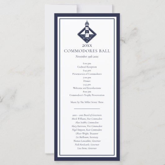 Navy Blue Yacht Club Nautical Menu Programma (Voorkant)