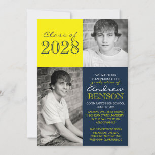 Navy Blue & Yellow 2 Foto Afstuderen Aankondiging