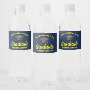 Navy Blue Yellow Afstuderen aangepaste afstudeerfe Waterfles Etiket