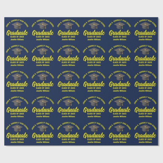 Navy Blue Yellow Afstuderen Custom Afstuderen Cadeaupapier (Vlak)