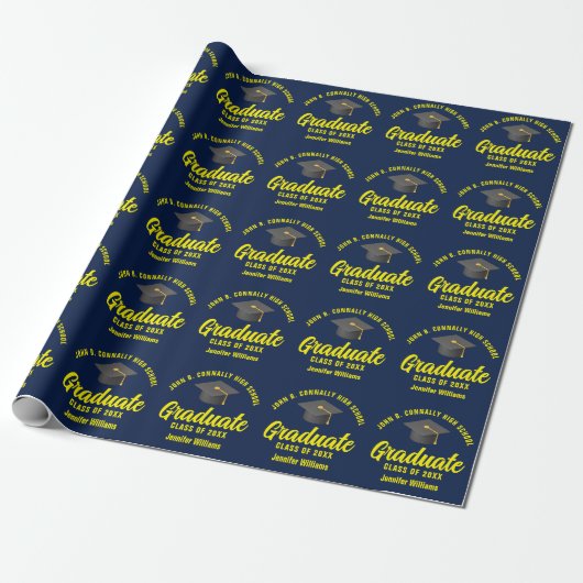 Navy Blue Yellow Afstuderen Custom Afstuderen Cadeaupapier (Uitgerold)