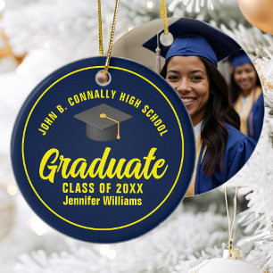 Navy Blue Yellow Afstuderen Custom Afstuderen Foto Keramisch Ornament