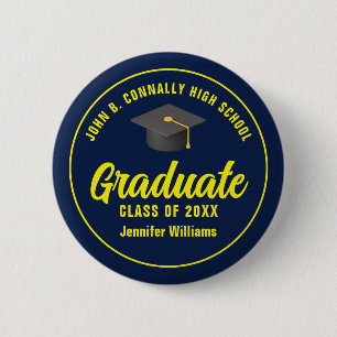 Navy Blue Yellow Graduation Party Gepersonaliseerd Ronde Button 5,7 Cm